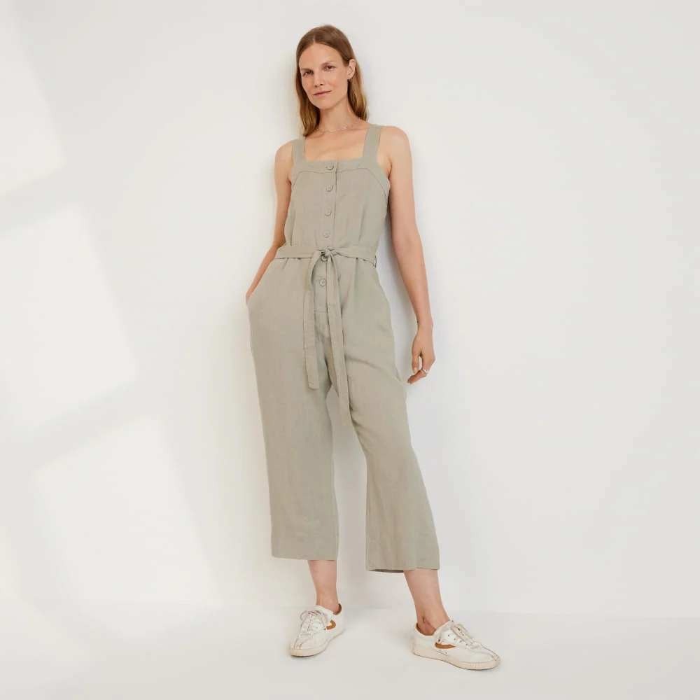 Everlane Linen Button Front Wide Leg Jumpsuit 2 Square Neck Seagrass Eurosummer